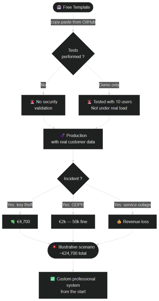 Comparative flowchart — unsecured free template vs. secured professional system