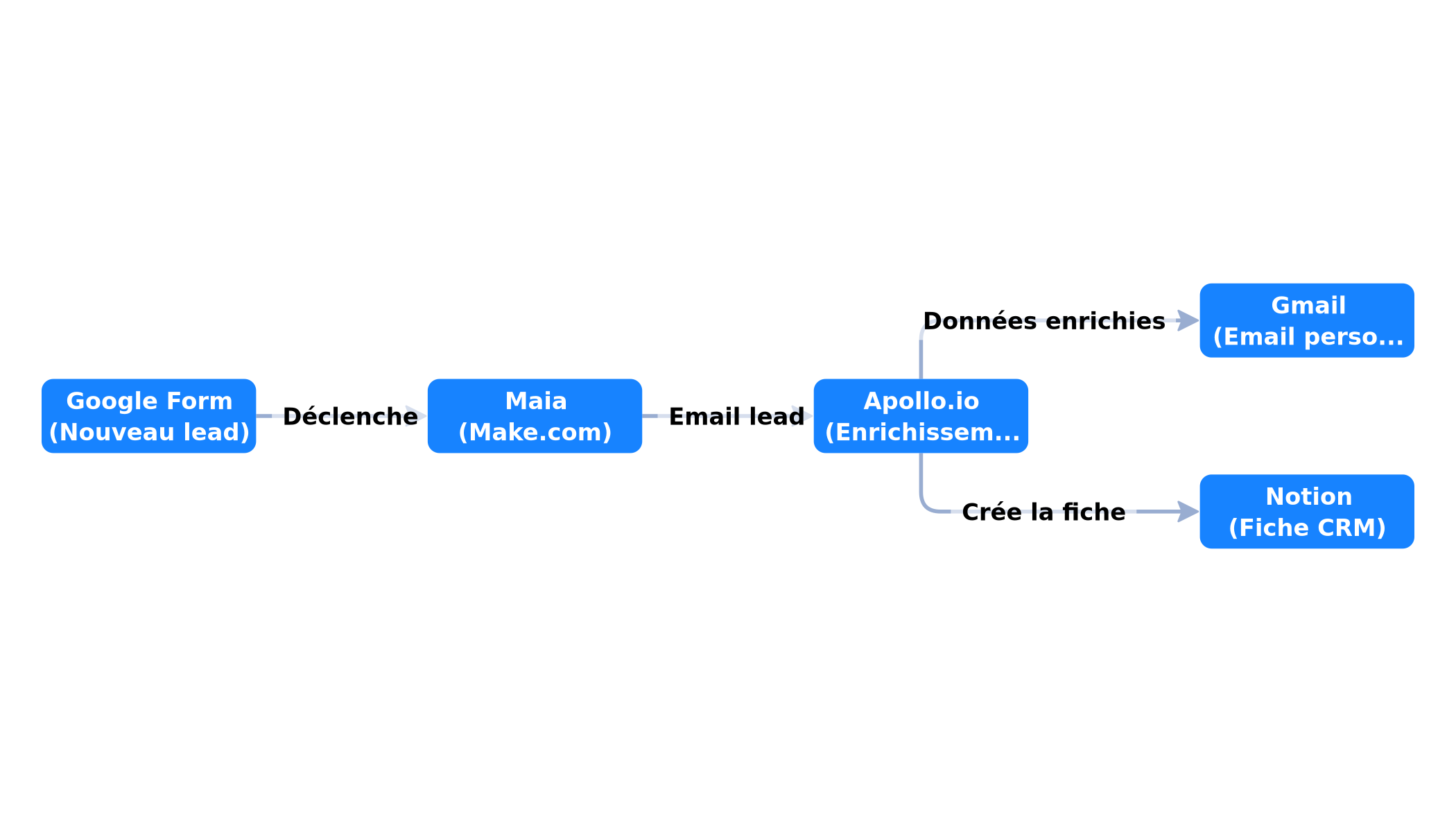 Pipeline de traitement des leads : Google Form → Maia → Apollo.io → Gmail + Notion